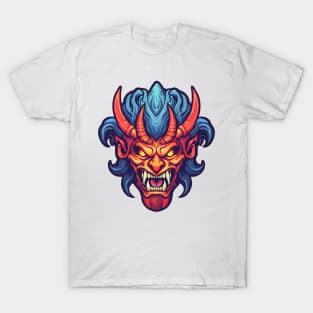 Horned demon face, red and blue T-Shirt